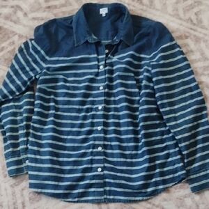 Crown & Ivy Navy Women's XL Blue Denim & White Striped Womens Button Down Shirt